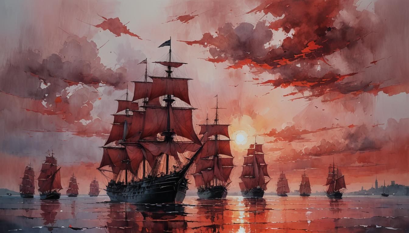 Sailing Ships Silhouetted Against a Red Sky