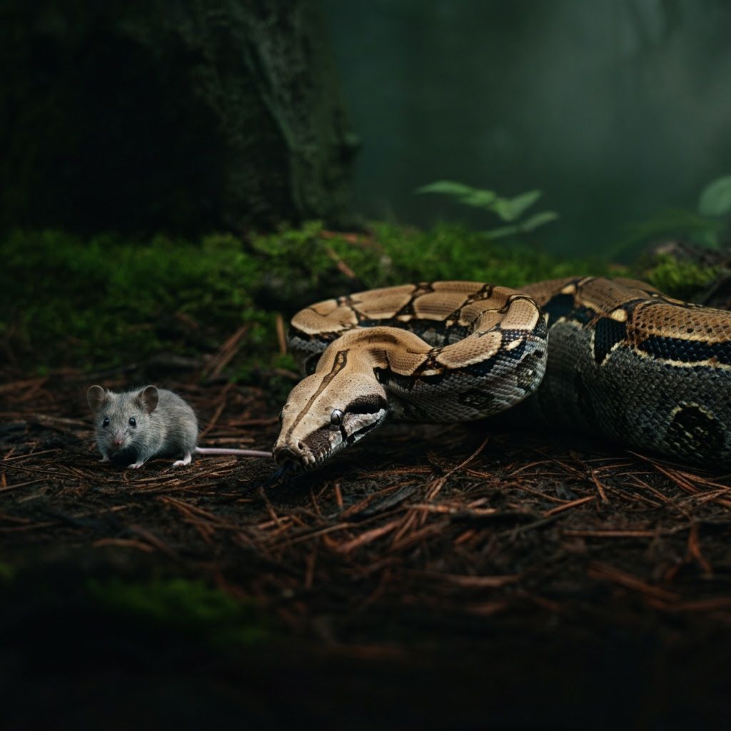 Boa Constrictor Stalks Mouse in Misty Forest