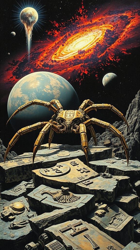 Mechanical Centipede God on Fractured Planet in Sci-Fi Style