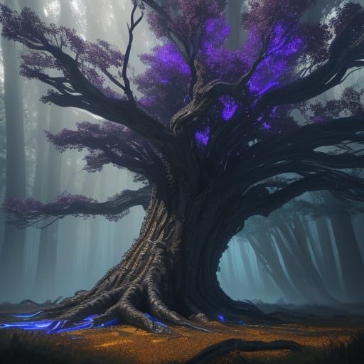 Glowing Timber Tyrant in a Dark, Misty Realm