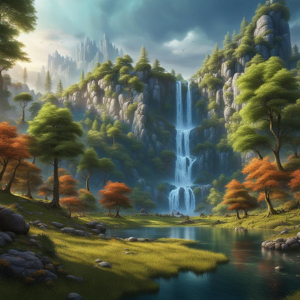 Fantasy Landscape with Waterfall: Detailed Matte Painting