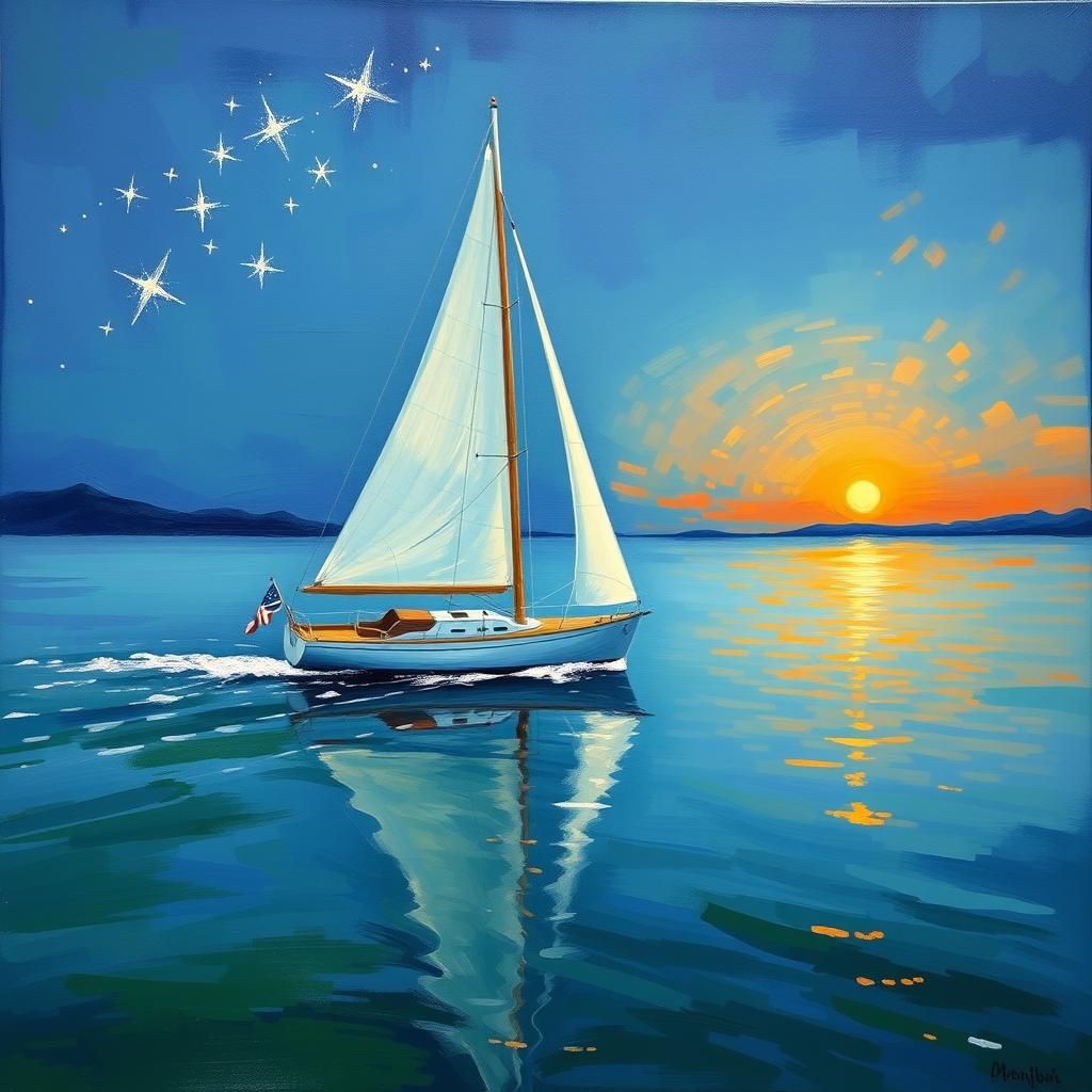 Ein Segelboot gleitet über einen ruhigen See, umgeben von le...