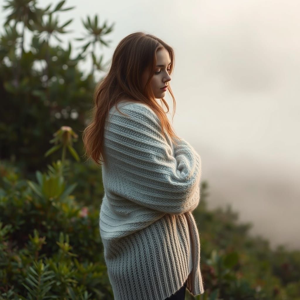 Misty Morning Woman in Dreamy Landscape