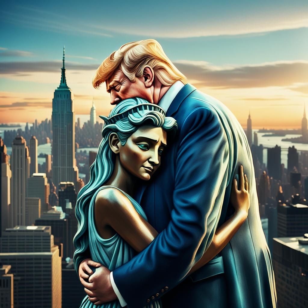 Lady Liberty Hugs Donald Trump: Cinematic Film Still