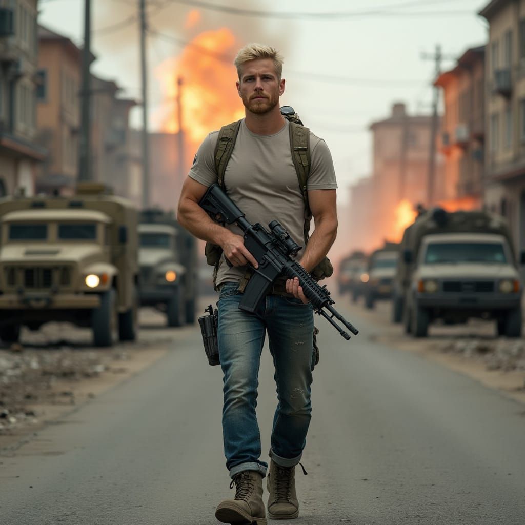 Action Photo: American Man with Rifle on Battle-Torn Street