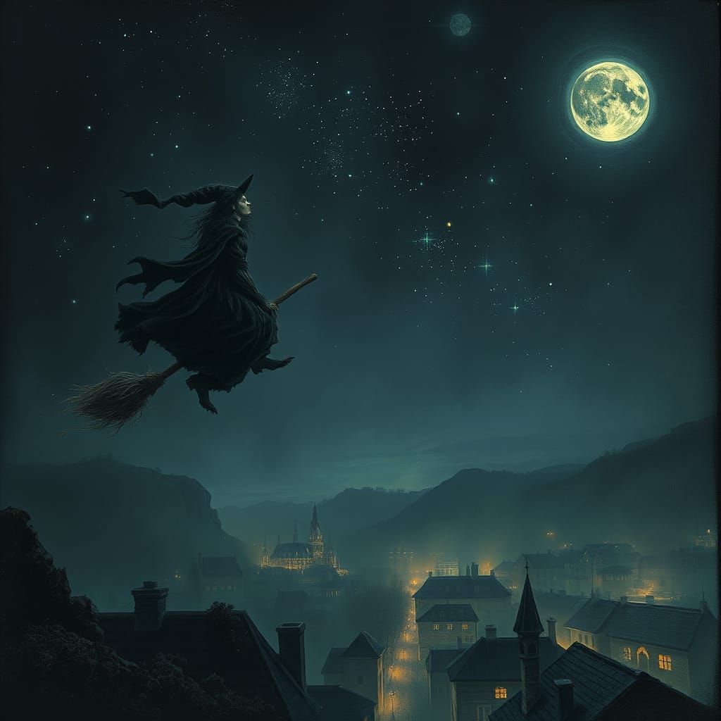 Witch Rides Broom Under Starry Sky