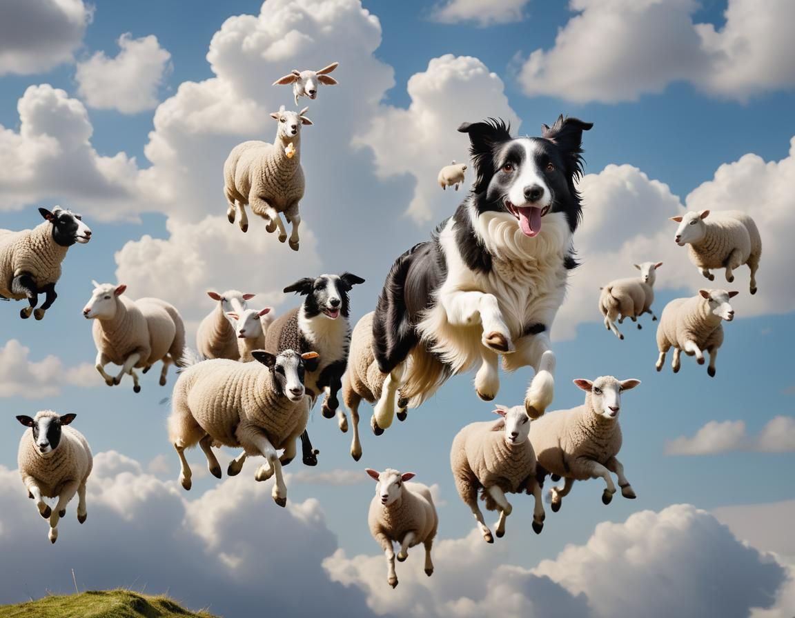 Border Collie Herding Sheep-Clouds in the Sky