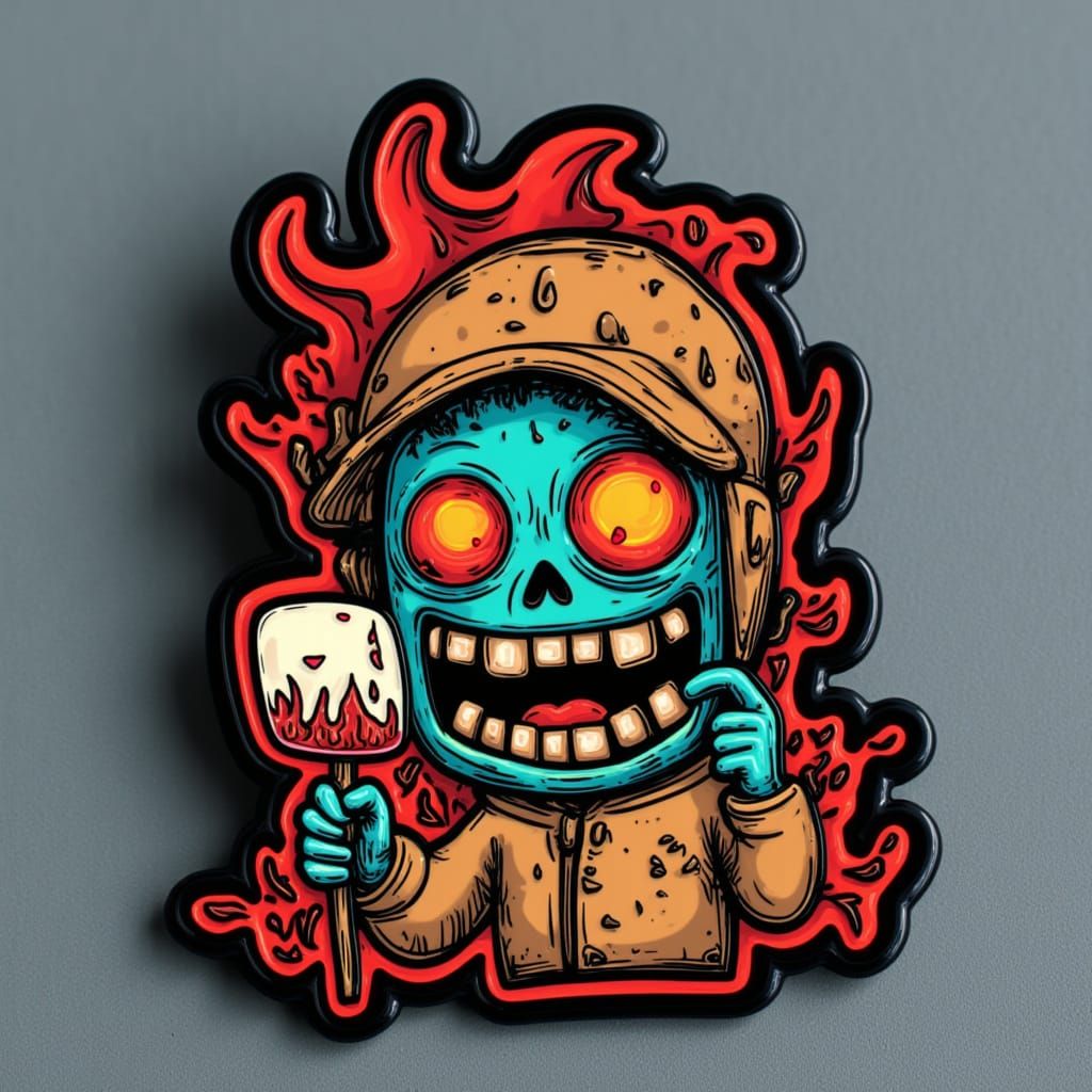 Grinning Zombie Camper with Marshmallow Sticker