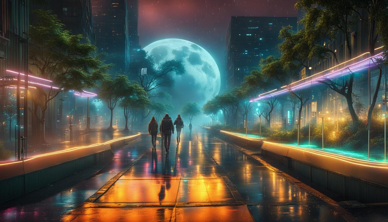 Futuristic Cityscape with Neon Lights in Rainy Night
