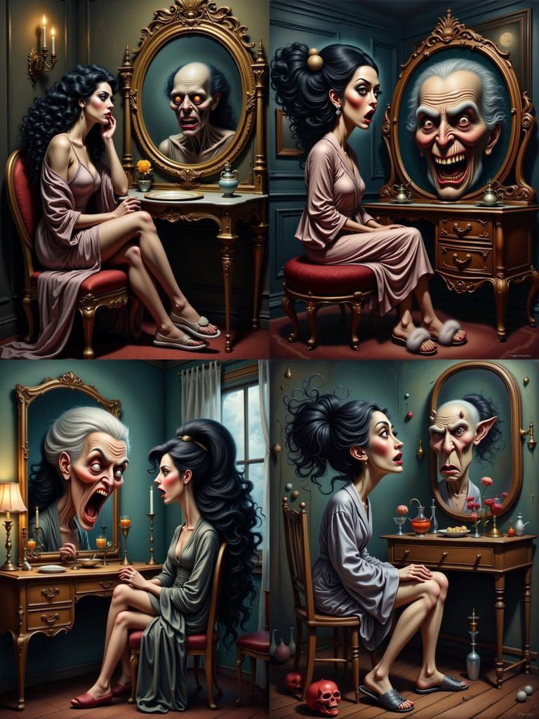 Woman's Terrifying Reflection as Old Witch