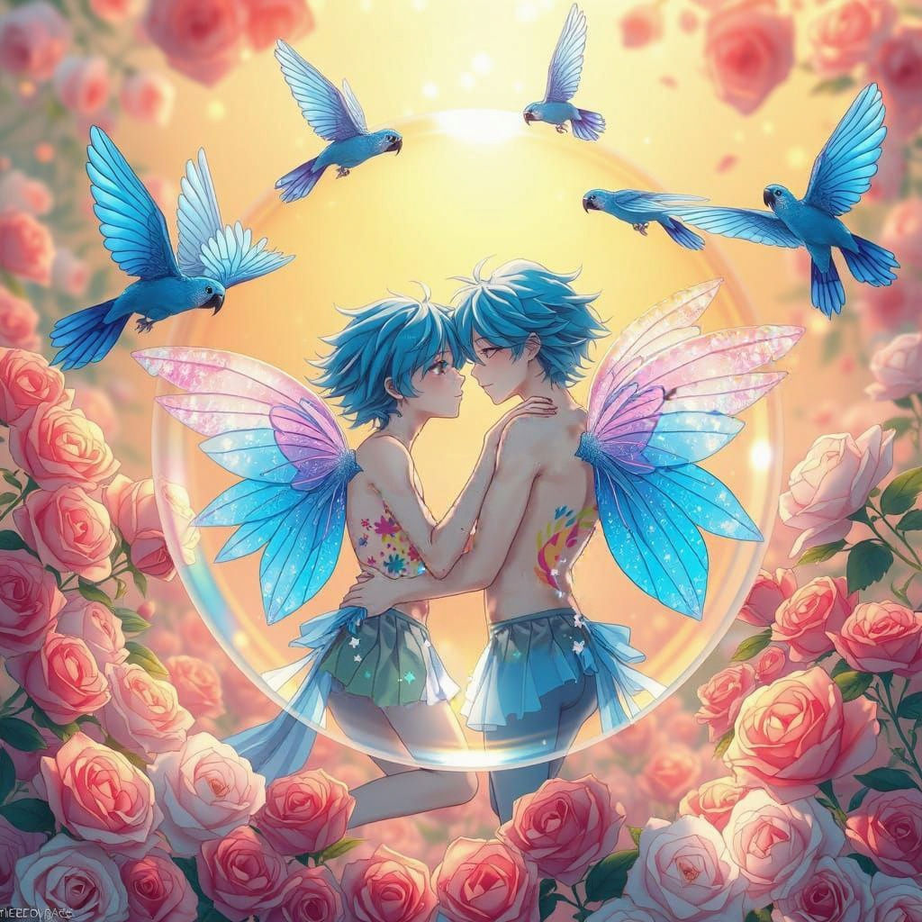 Anime Aquatic Fairies in Love, Surrounded by Vibrant Roses a...