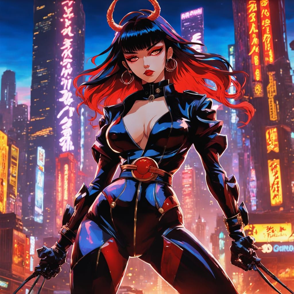 Sleek Fighter Poses in Neon Cityscape, Inspired by Sorayama ...