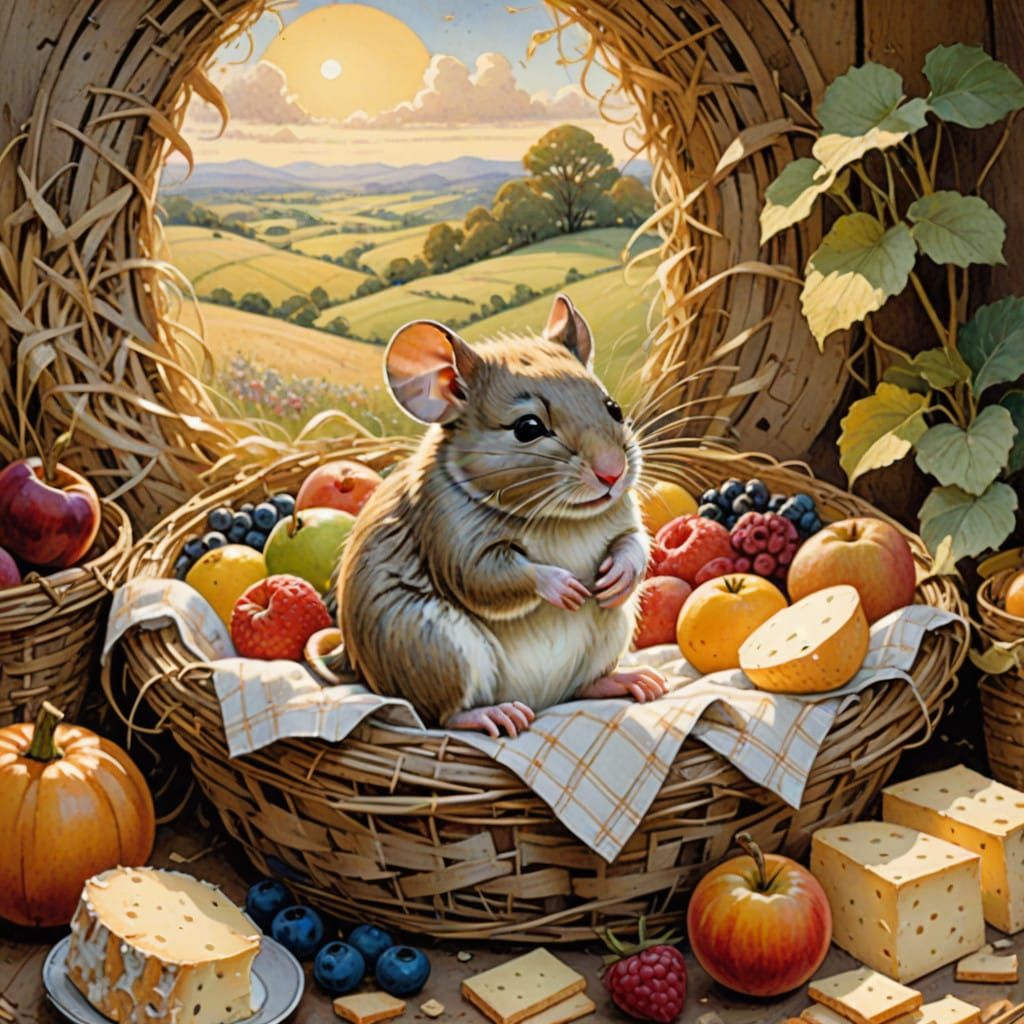 Mouse in Cozy Pajamas, Surrounded by Artisanal Cheeses