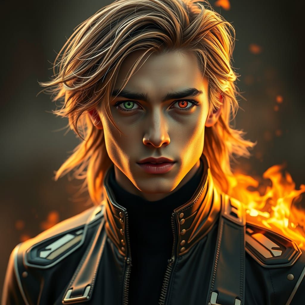Heterochromatic Cyberpunk Man with Pyrokinesis