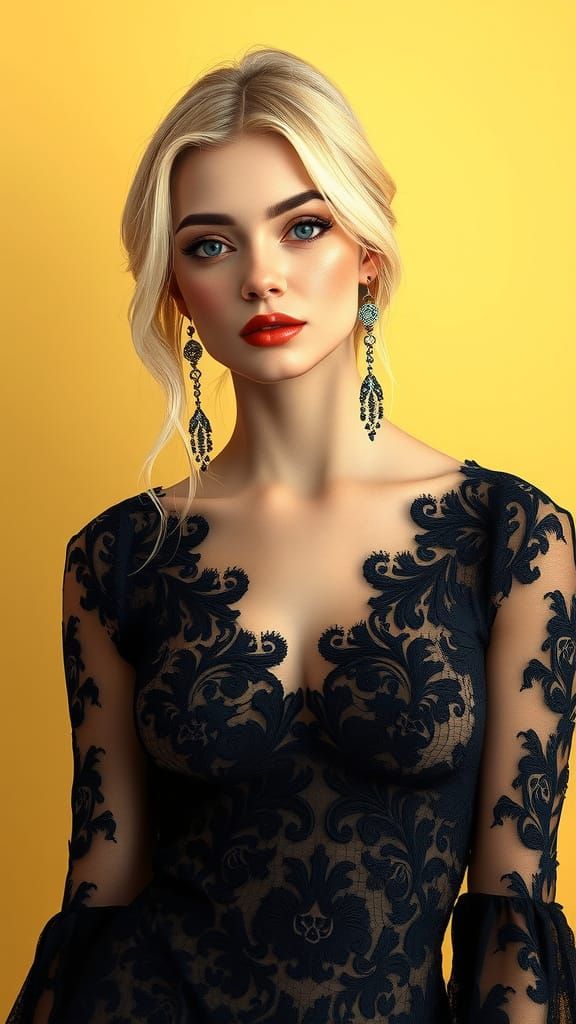 Blonde Woman in Black Lace Dress with Volumetric Light
