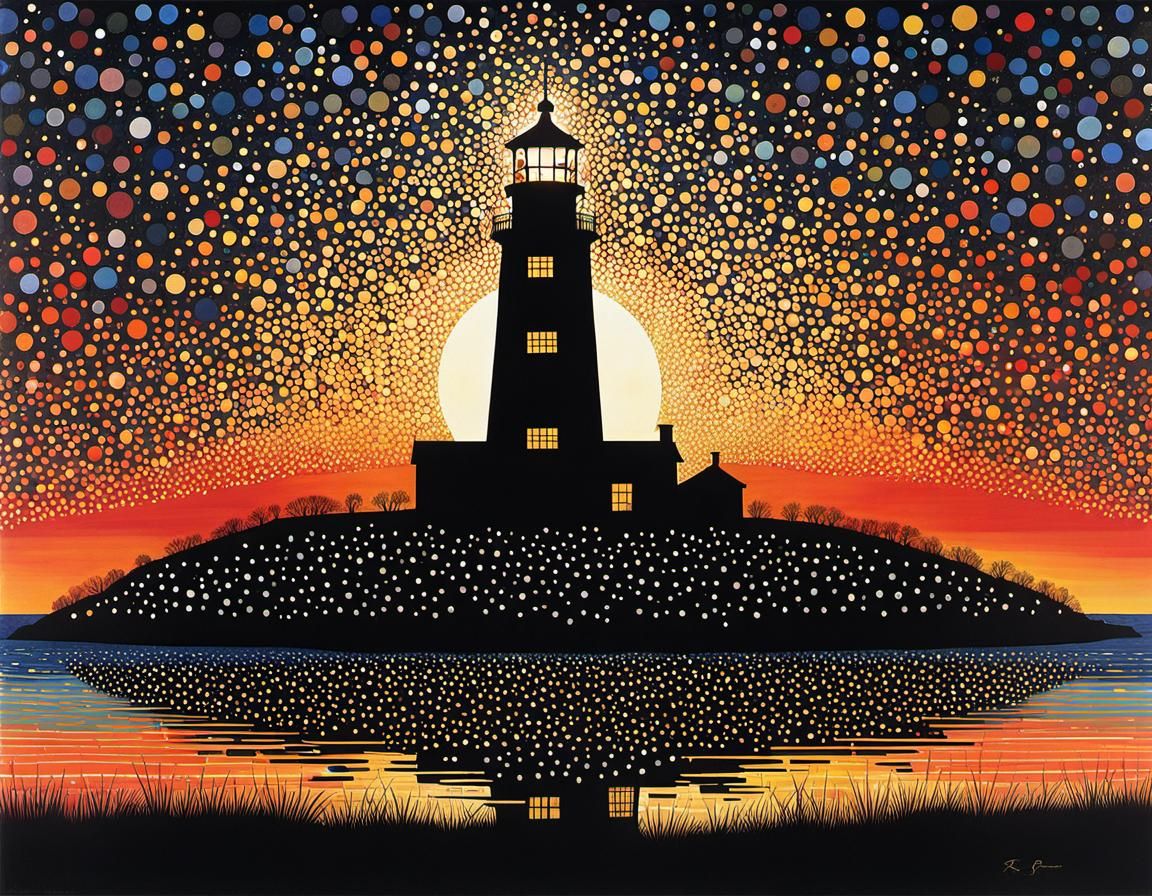 Lighthouse Sunset in Abstract Collage Style