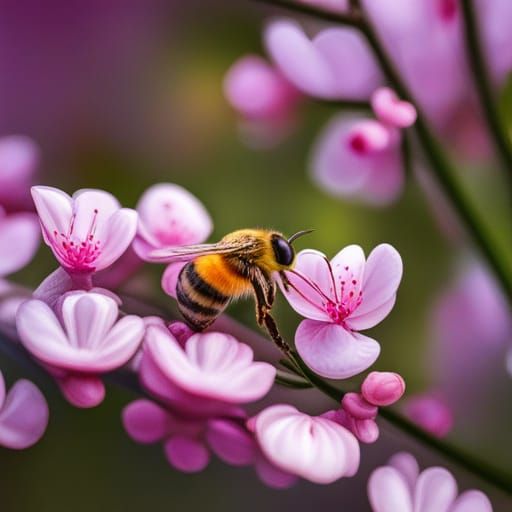 Bee on Cherry Blossom, Hyperrealistic Close-Up