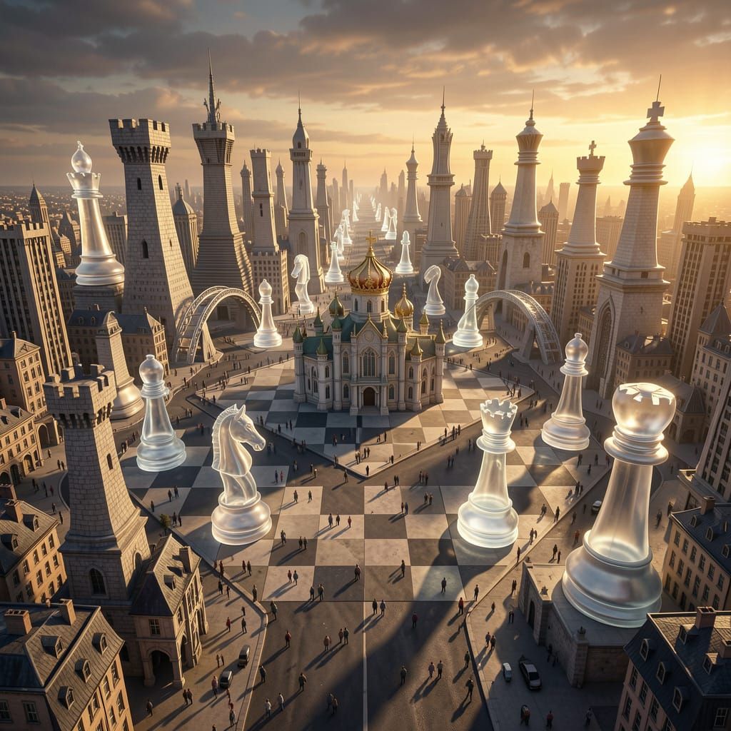 Chess Piece Cityscape at Sunset