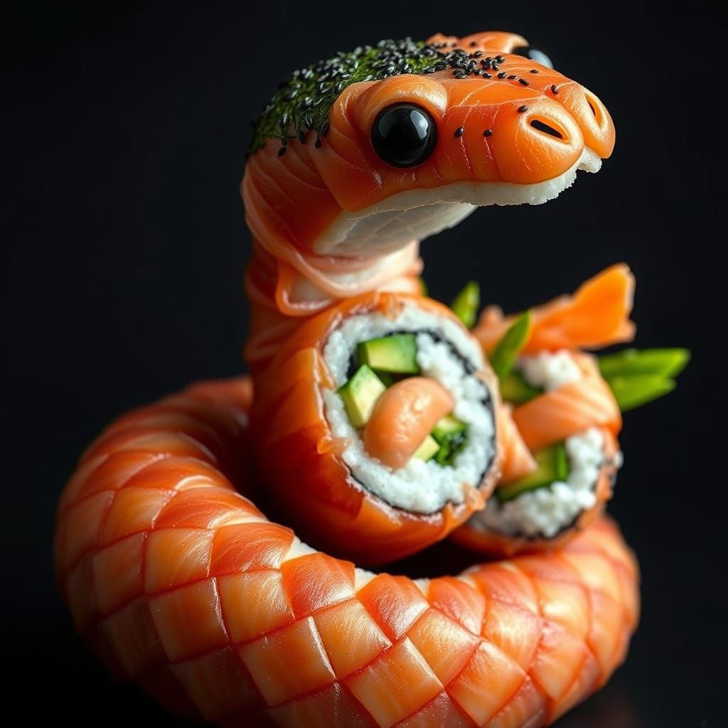 Hyper-Realistic Sushi Snake Sculpture in Vivid Colors