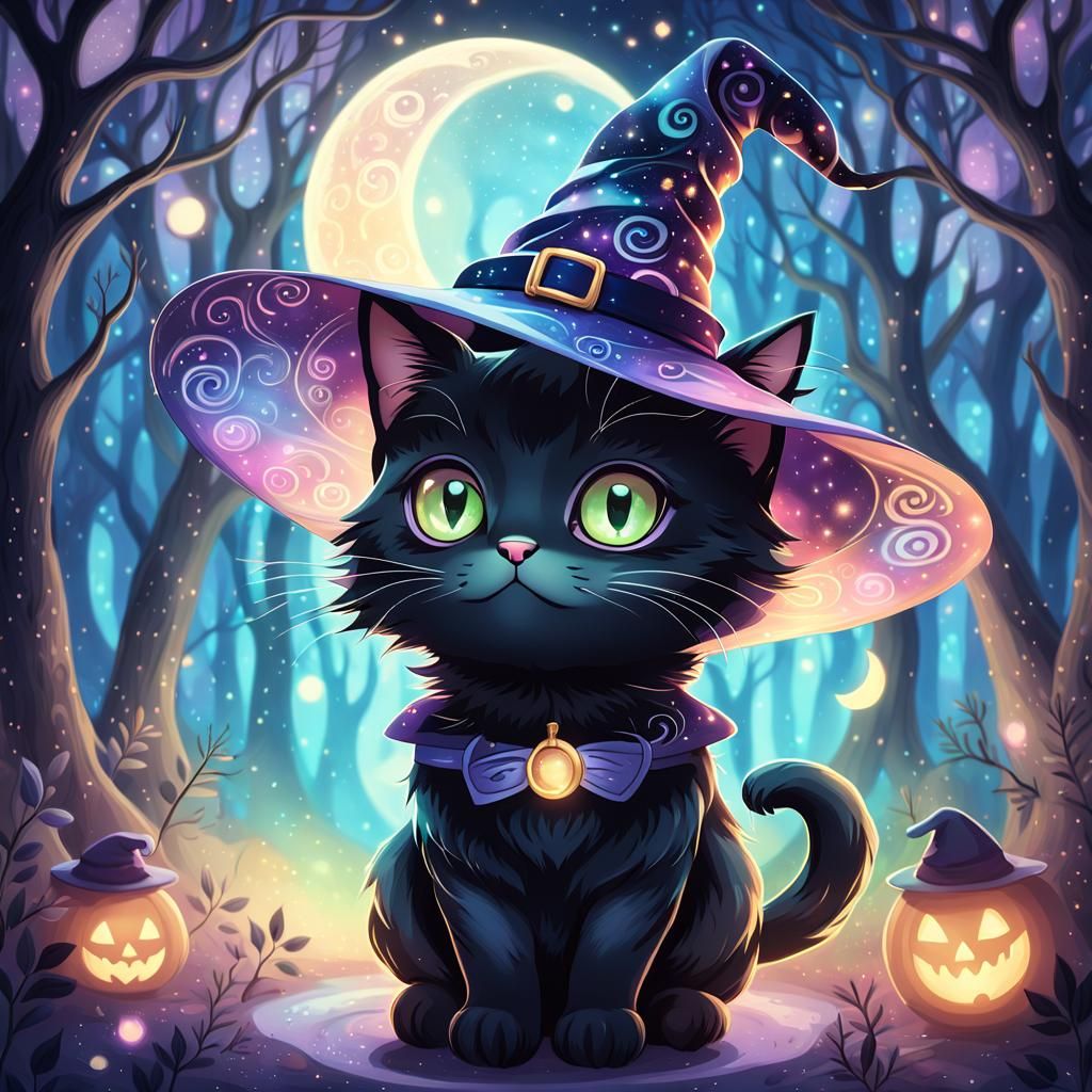 Kawai black cat with witch hat