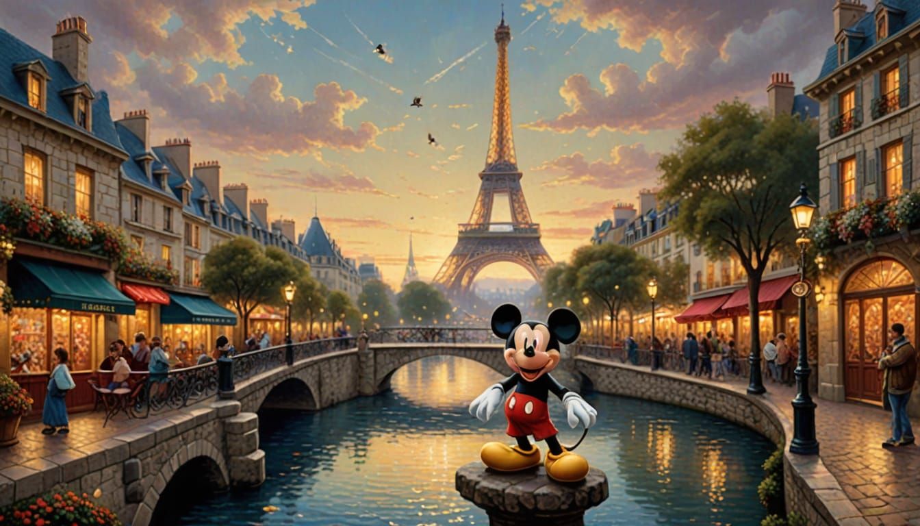 Mickey Mouse in Paris, Thomas Kinkade Style