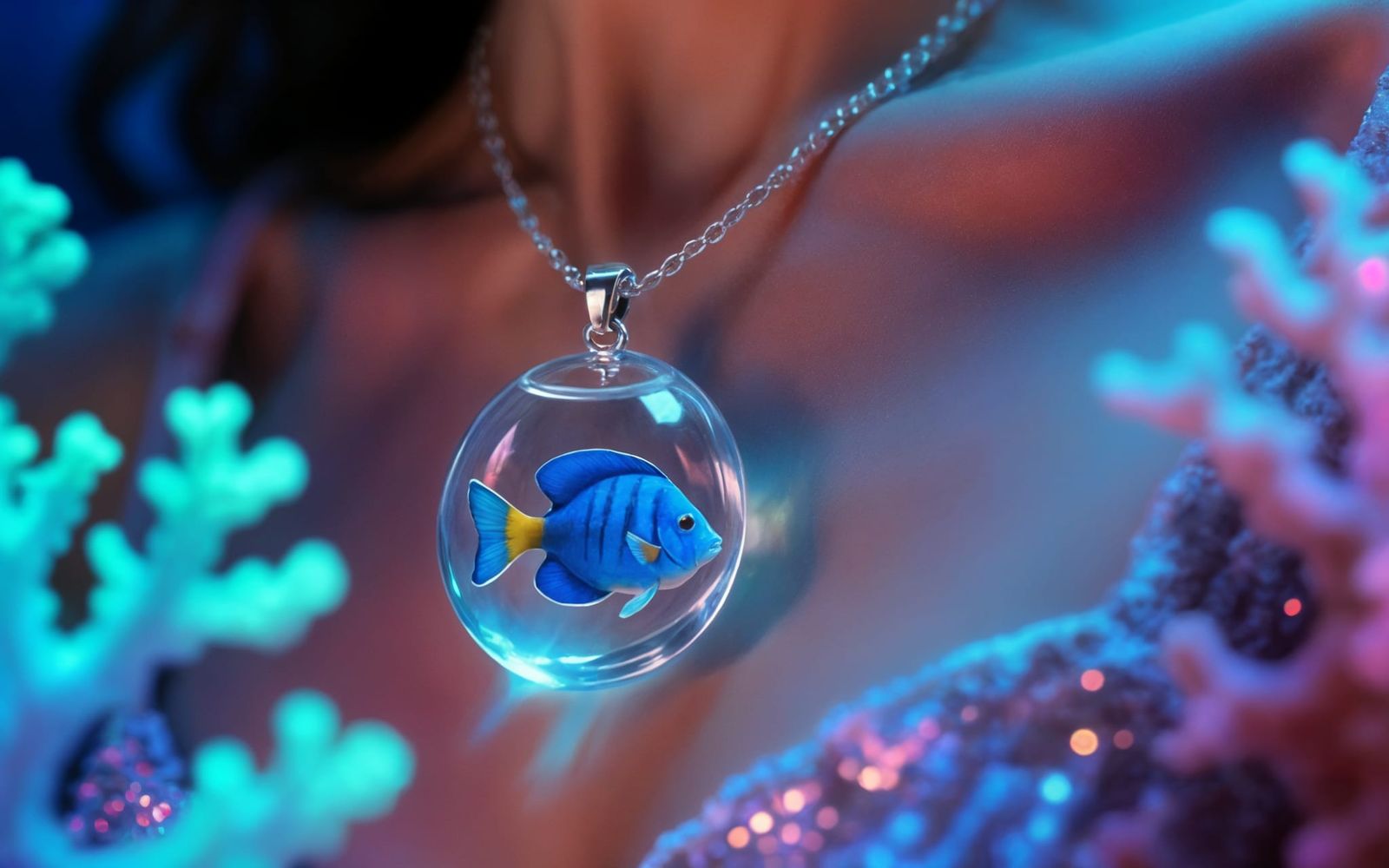 Blue Fish in Glass Pendant Necklace, Dreamy Atmosphere