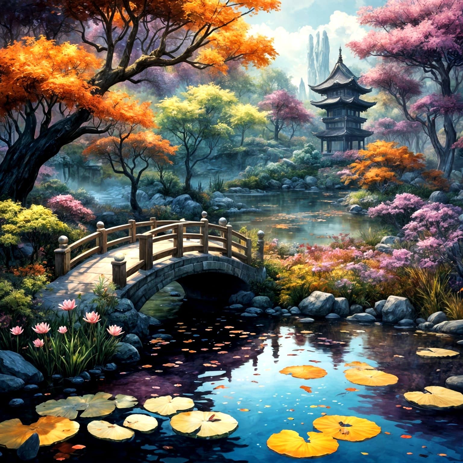 Enchanted Japanese Water Garden in Whimsical Oil Paint