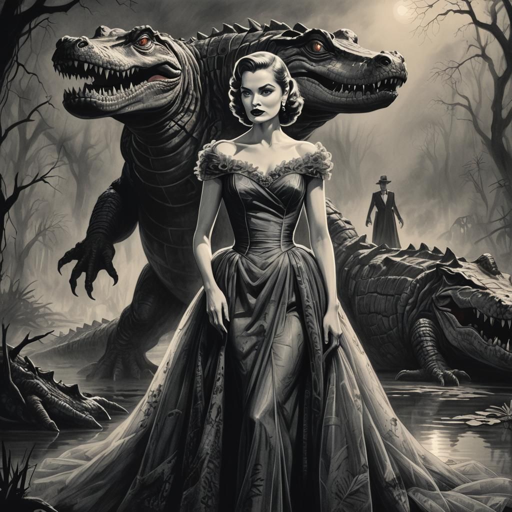 1950s Starlet and Zombie Alligator: Hand-Drawn Line Art