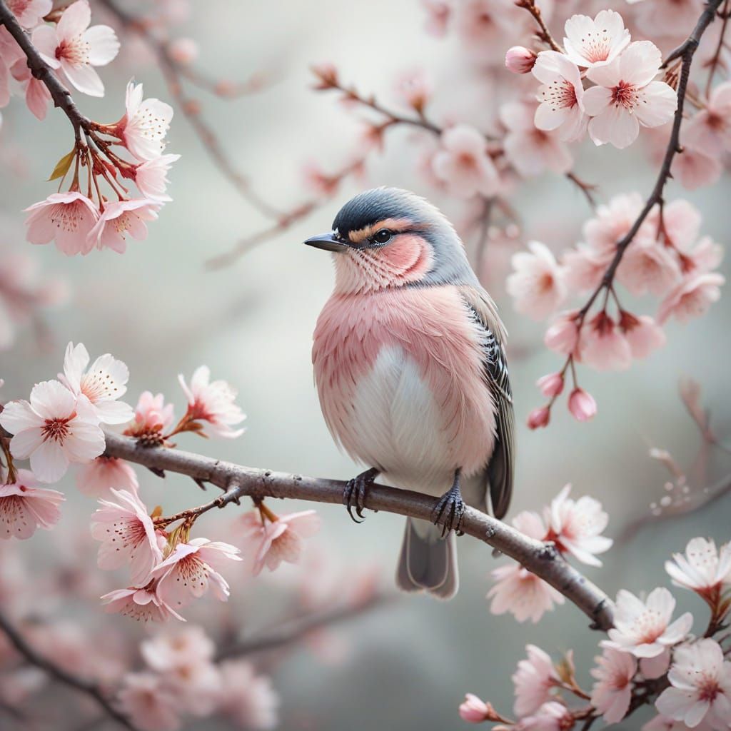 Chinoiserie Bird in Cherry Blossoms Watercolor