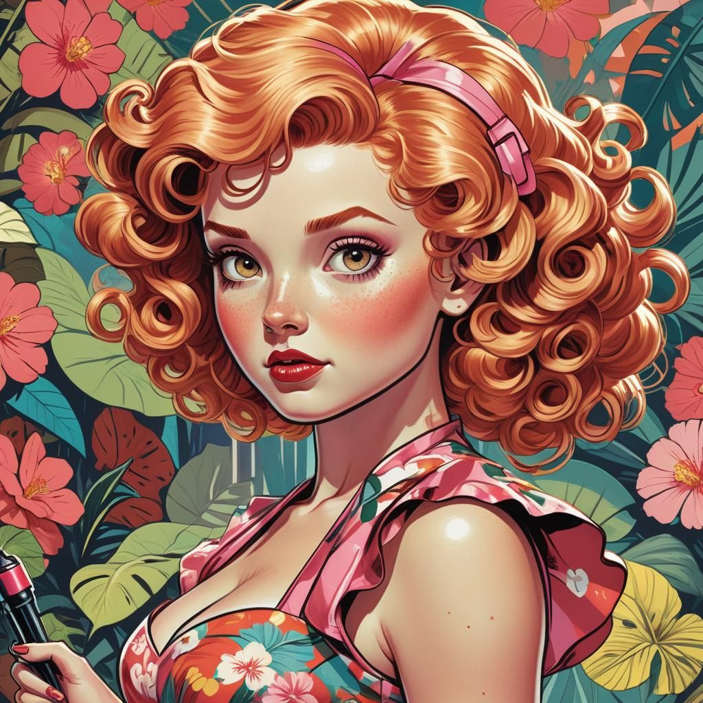 Retro Comic Book Girl in Floral Dress