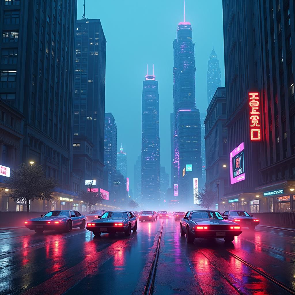 Vibrant Cyberpunk Metropolis at Dusk