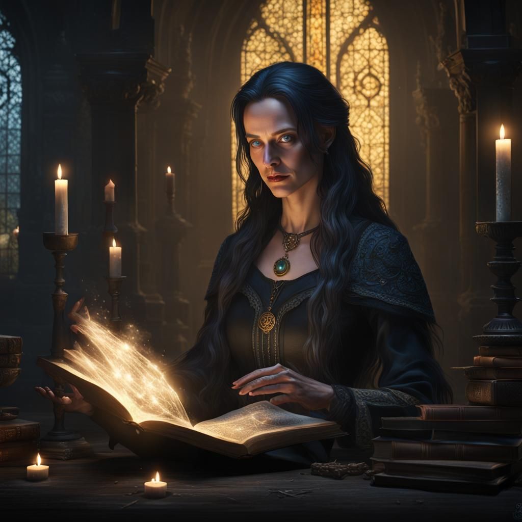 Elegant Woman Reading Spell Book in Dark Fantasy Style