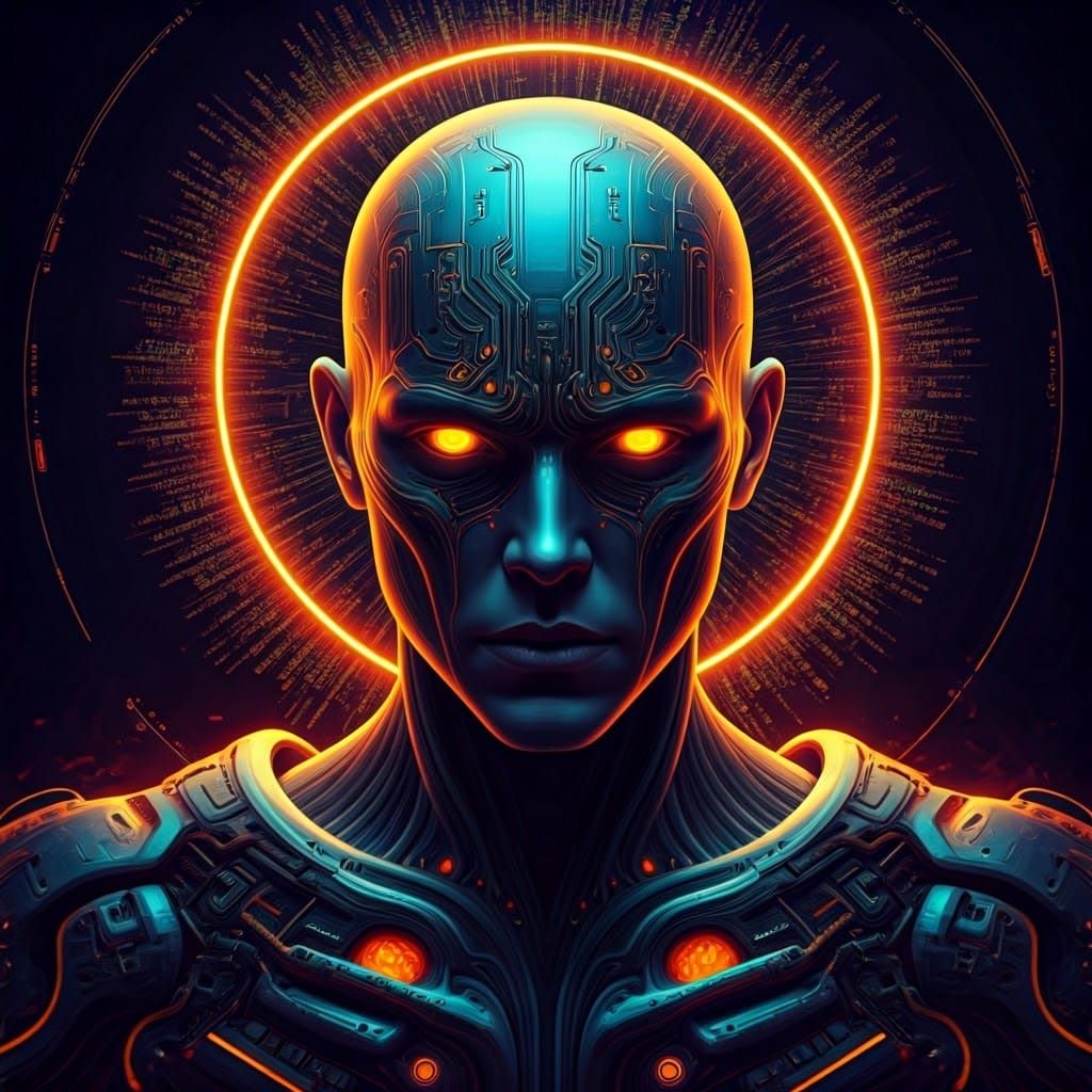 Digital Entity in Neon Dystopian Cityscape, Inspired by Syd...