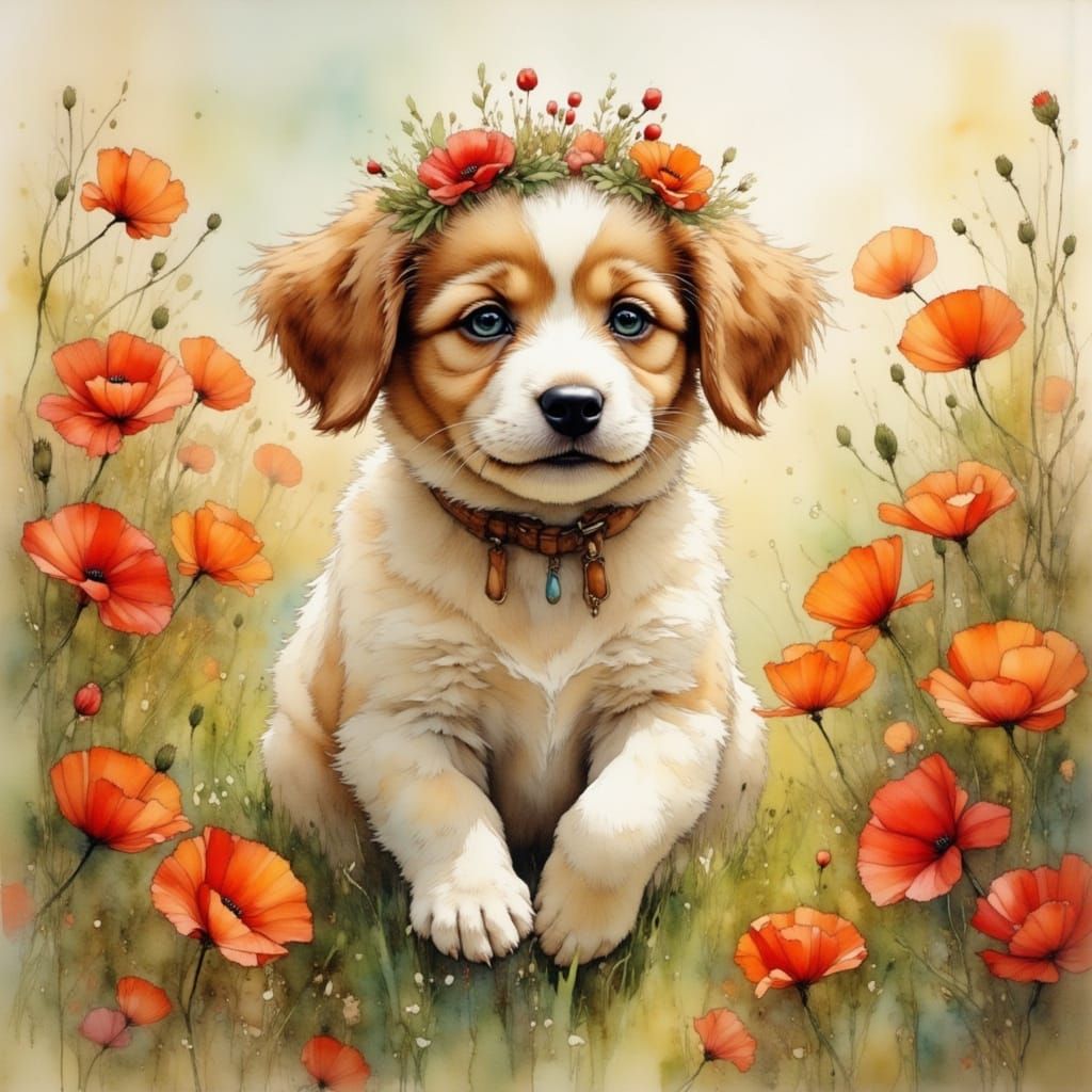 Puppy in Poppy Field: Impressionistic Floral Art