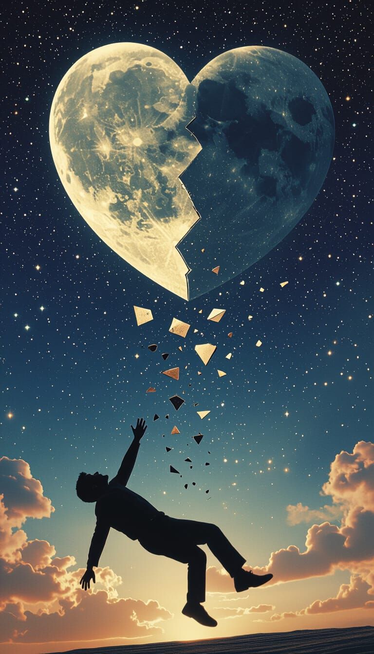 Dramatic Falling Figure Under Broken Heart Moon