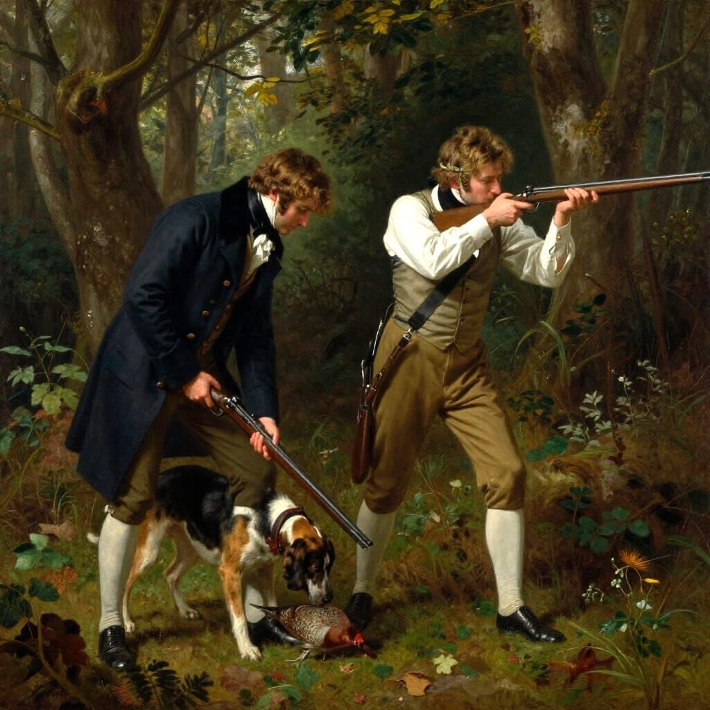 Regency England Gentlemen Hunting Partridge in Forest Oil Pa...
