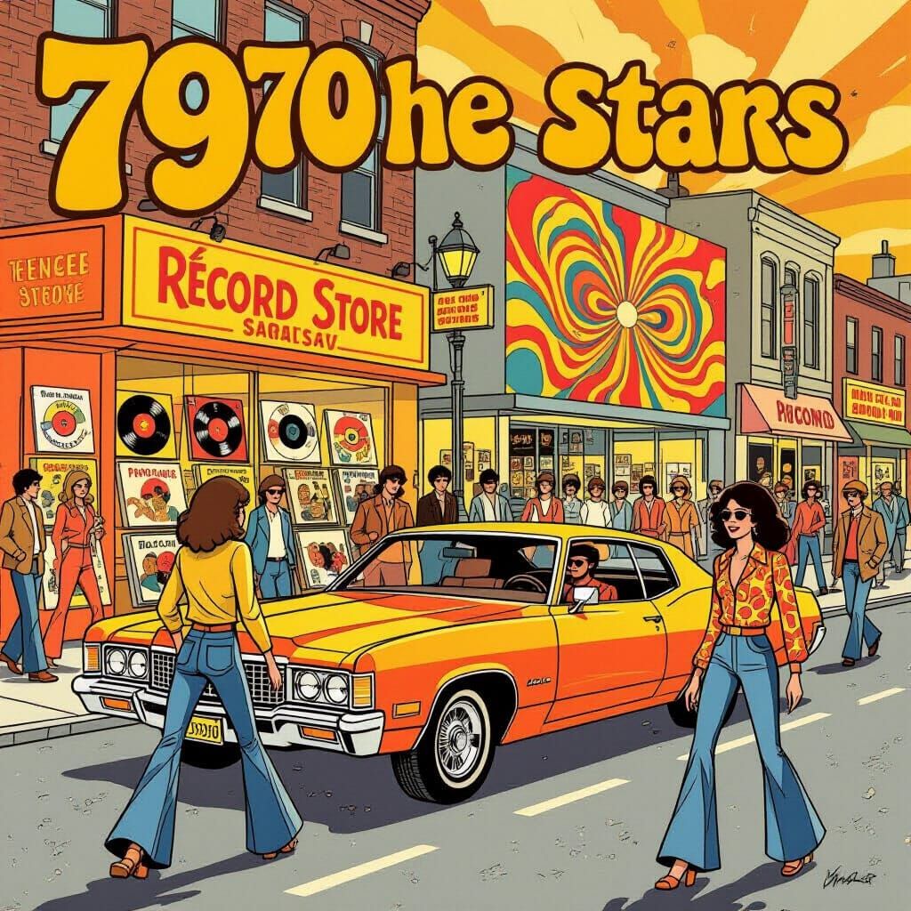 Vibrant 1970s City Street Scene with Vintage Cars and People