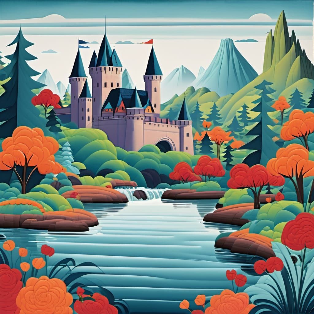Fantasy Castle Landscape in Vibrant Complementary Colors