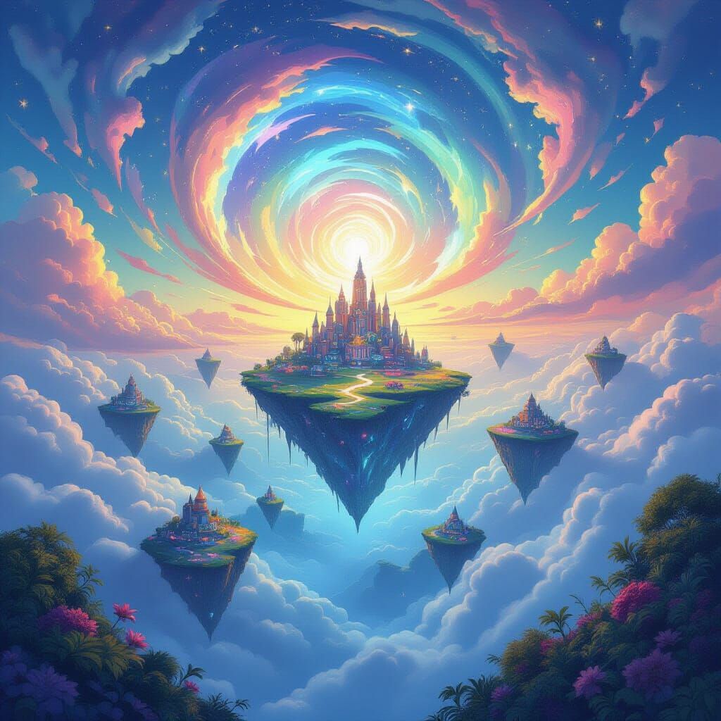 Inverted Gravity Surreal Landscape in Anime Style