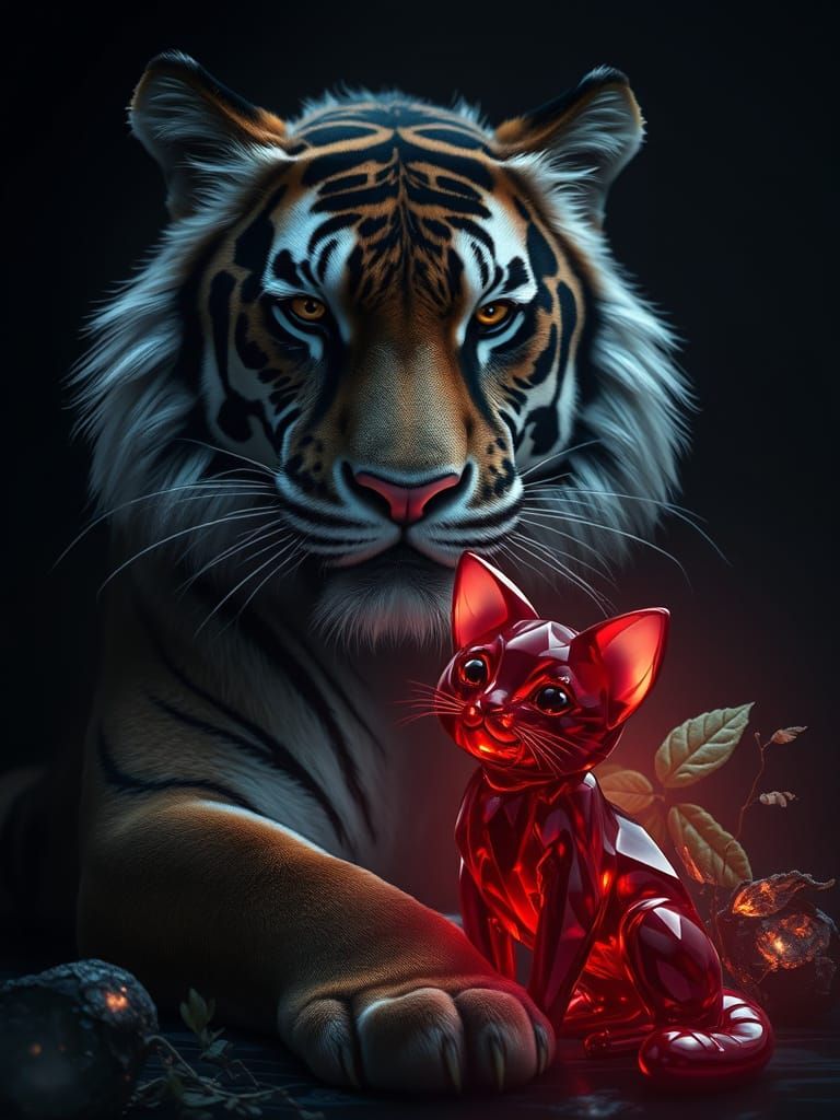 Regal Tiger in Shadows with Intricate Whiskers and Velvety C...
