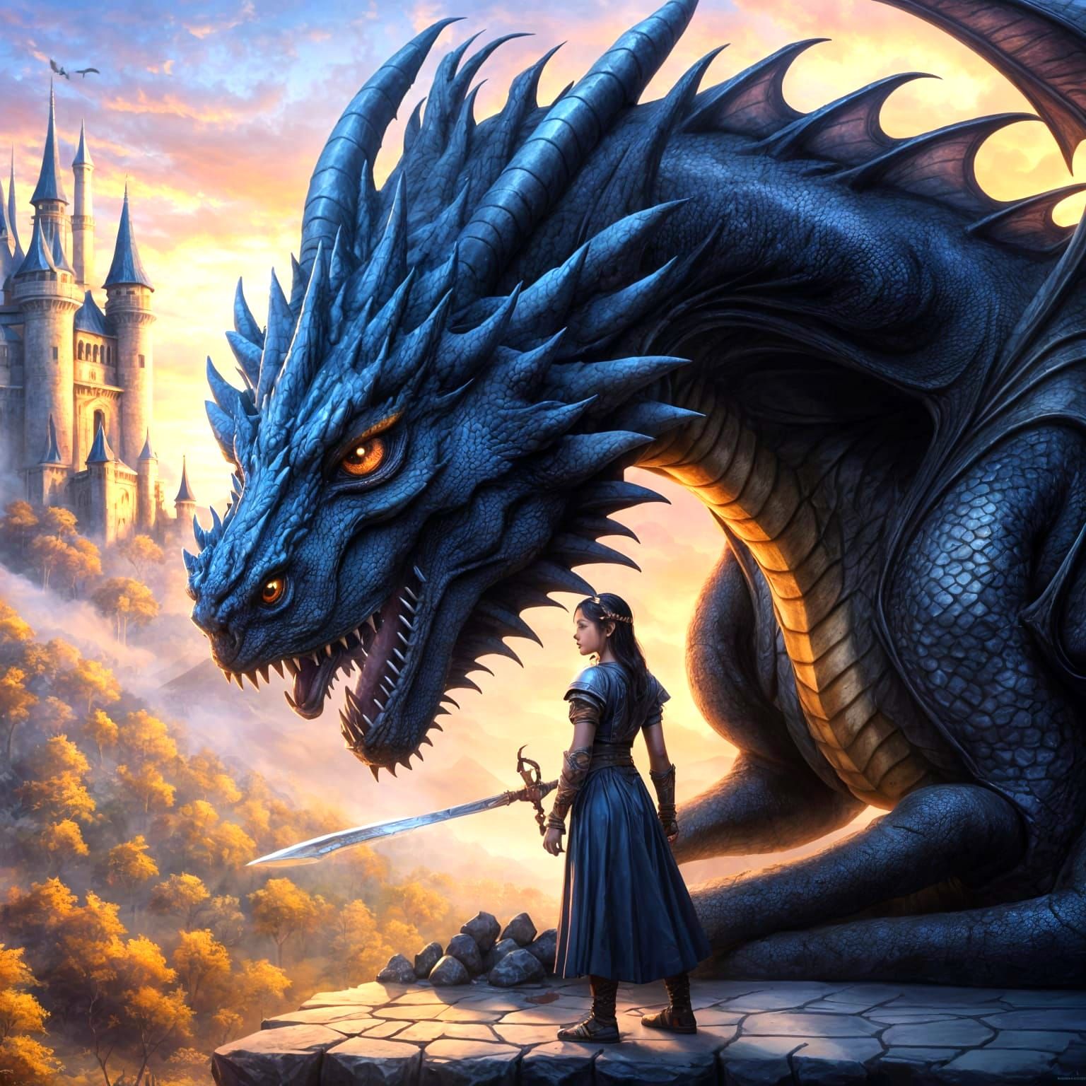 Dragon's Affection: Beautiful Woman and Black Dragon