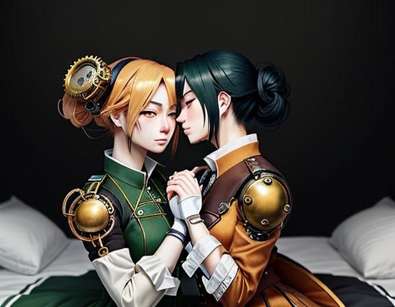 Twin Kemono Sisters Kissing in Steampunk Anime Style