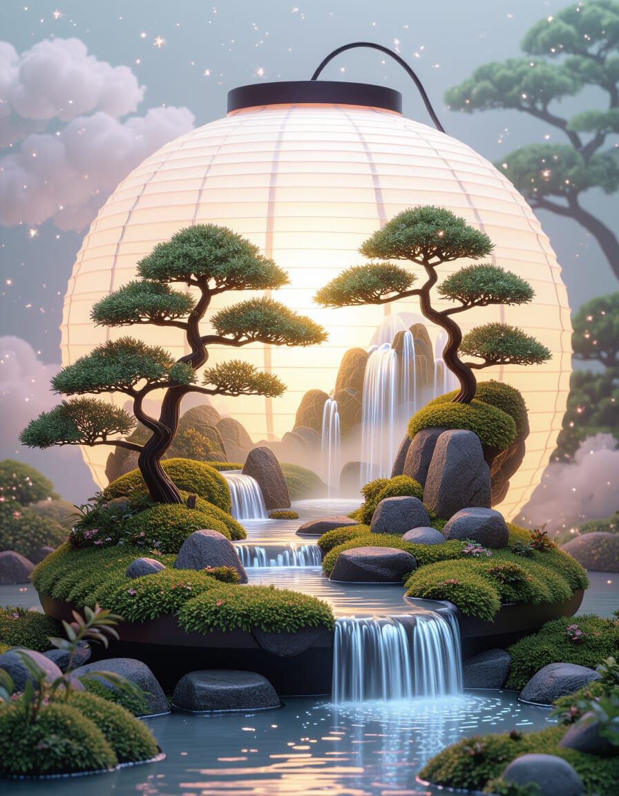 Surreal Zen Garden Diorama in Glowing Lantern