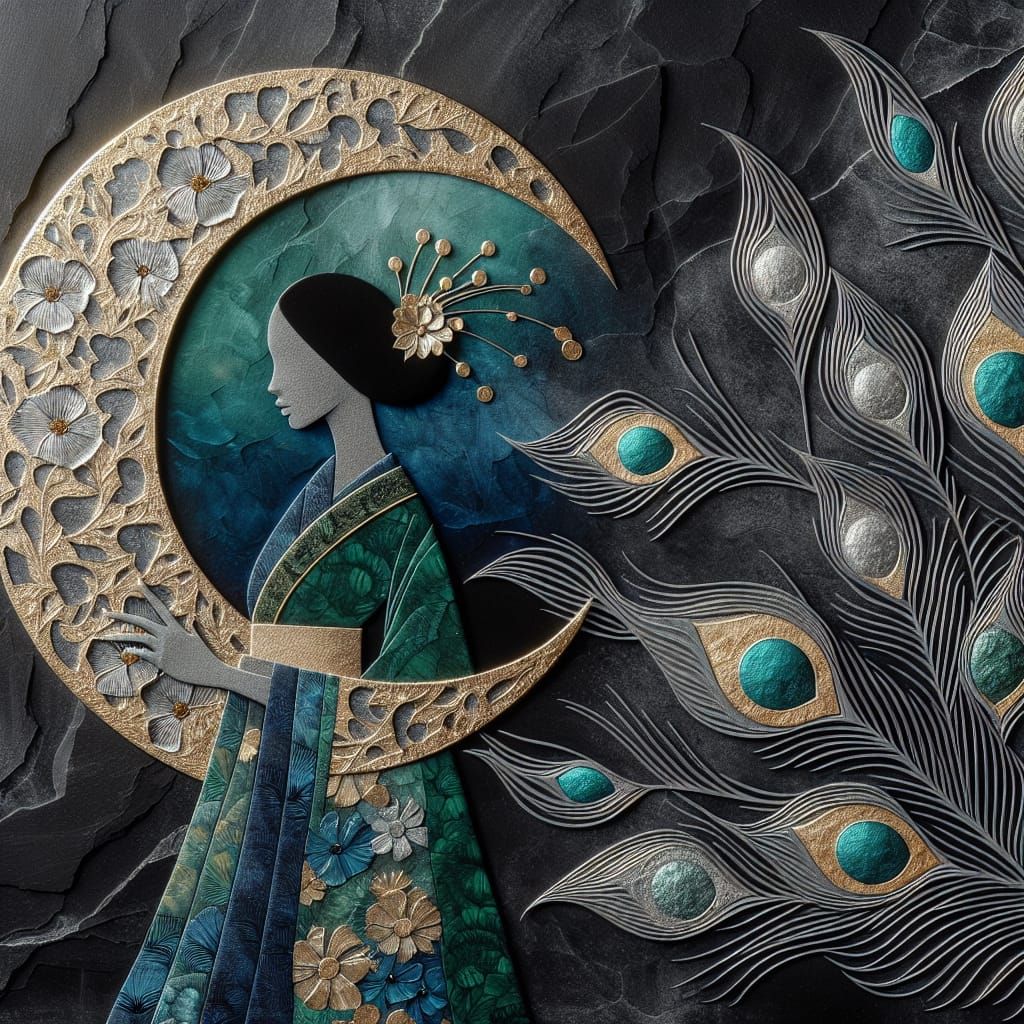 Woman in Kimono with Peacock Feathers against Dark Stone Bac...