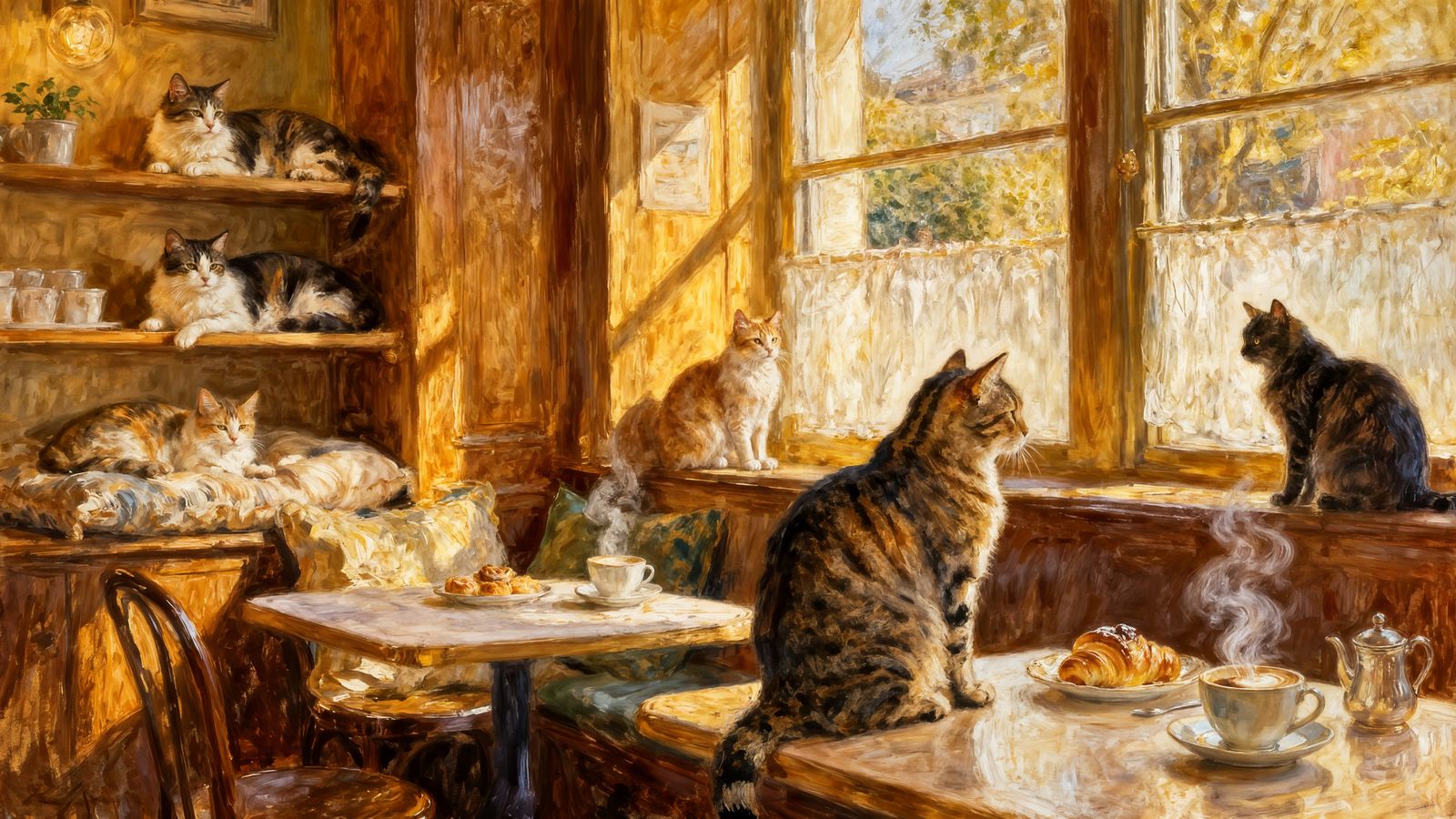 Cozy Cat Cafe Scene in Impressionist Oil Painting Style