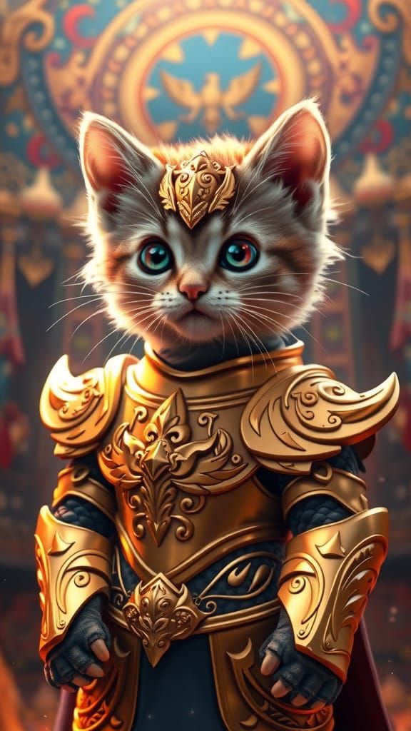 Golden Kitten Aries Knight in Vibrant, Hyper-Realistic Art