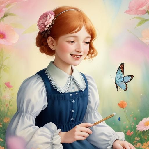 Whimsical Girl and Butterflies in Watercolor Style