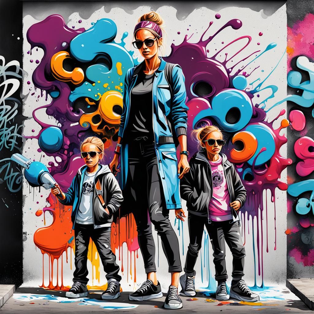 Business Mom and Kids in Graffiti Street Art