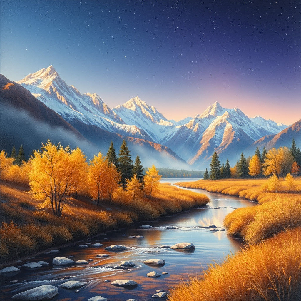 Autumnal Landscape with Stream and Snow-Dusted Mountains