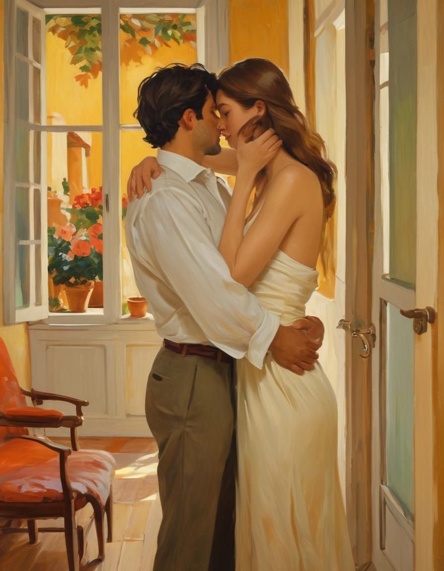 Spanish Couple Embrace: Post-Impressionist Oil Painting